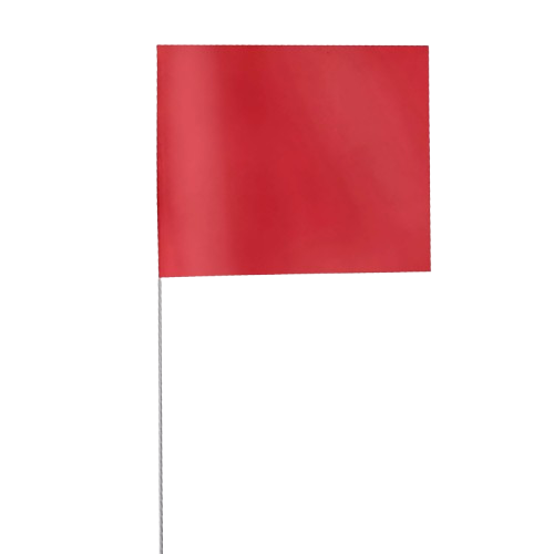 Red flag on a gray flagpole against a white background