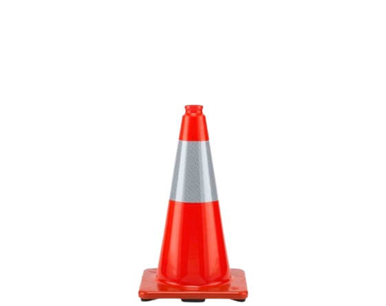 Red traffic cone with a silver reflective band on a white background