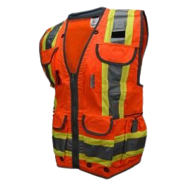 High-visibility yellow safety vest with orange reflective stripes and multiple pockets