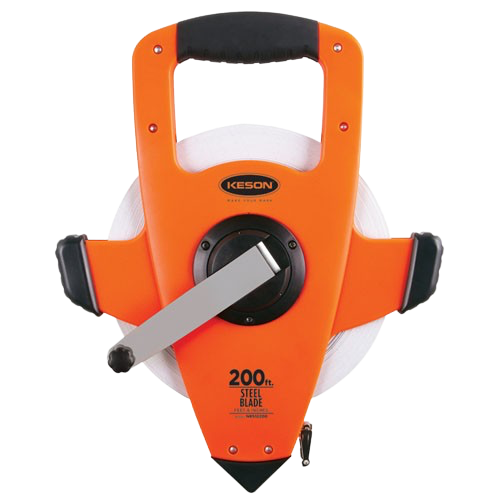 Orange retractable measuring tape with black handle and gray metal blade on white background