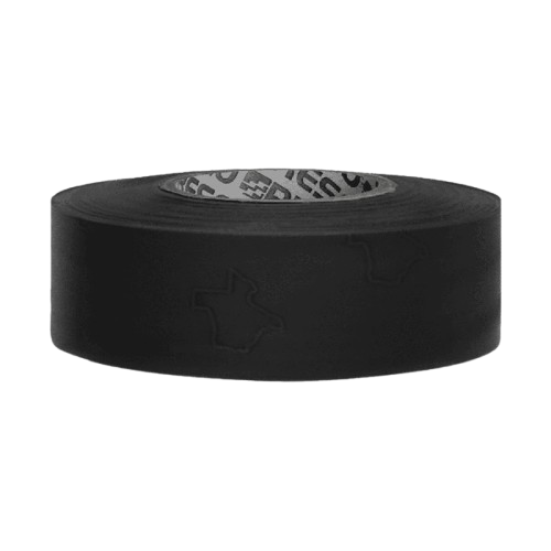 Black roll of athletic tape with a gray patterned inner core on a white background
