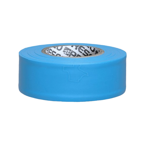 Blue roll of tape with white inner core on a white background