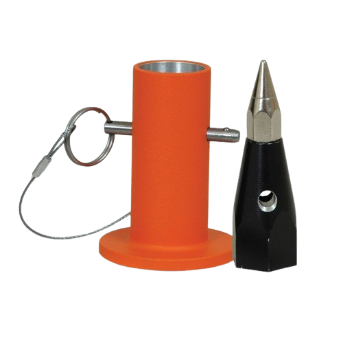Orange cylindrical stand with a cable loop and a black metal cone tool beside it
