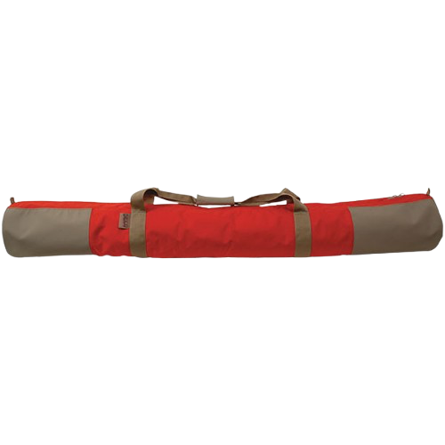 Red and gray rolled carrying case with shoulder straps on a white background