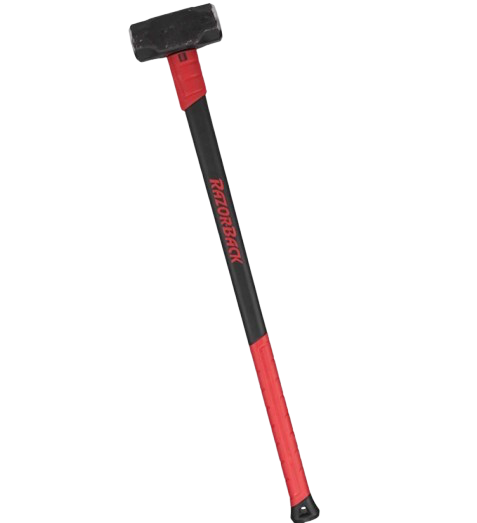 Black and red sledgehammer with a steel head and long handle on a white background