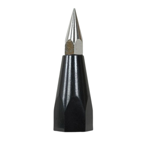 Black and silver pointed tool bit with fluted metal tip on a white background