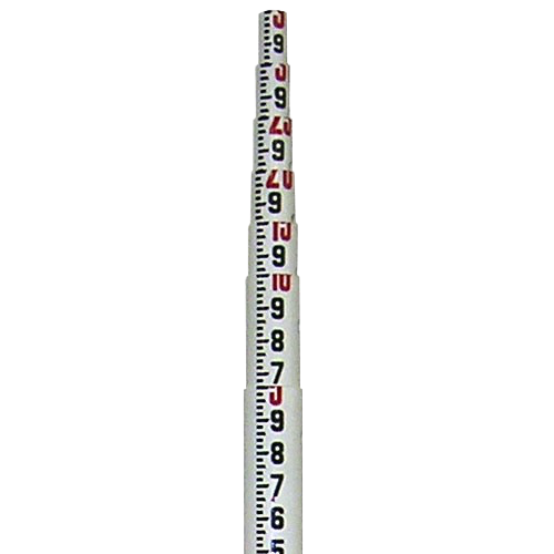 Close-up of a white measuring stick with black and red markings, showing vertical length measurements.