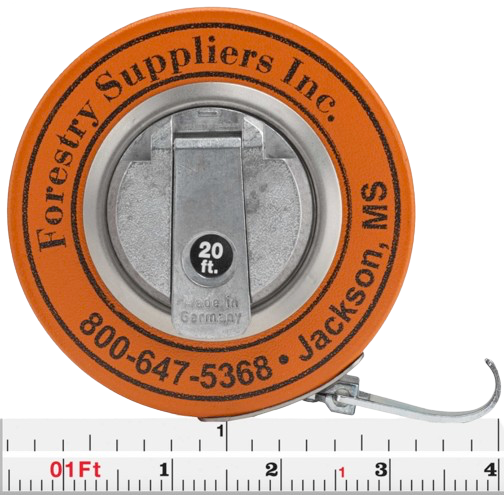 Orange Forestry Suppliers tape measure with metal hook, labeled 20 ft., on a ruler background