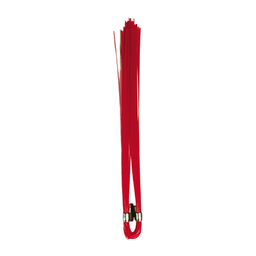 Red lanyard with a small metal clip on a white background