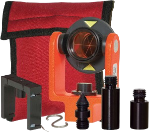 Surveyor’s prism and accessories in a red carrying case on a white background