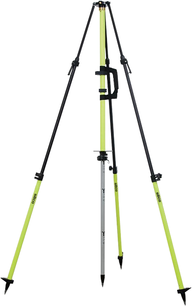 Yellow and black tripod surveyor’s stand with three extended legs and central pole