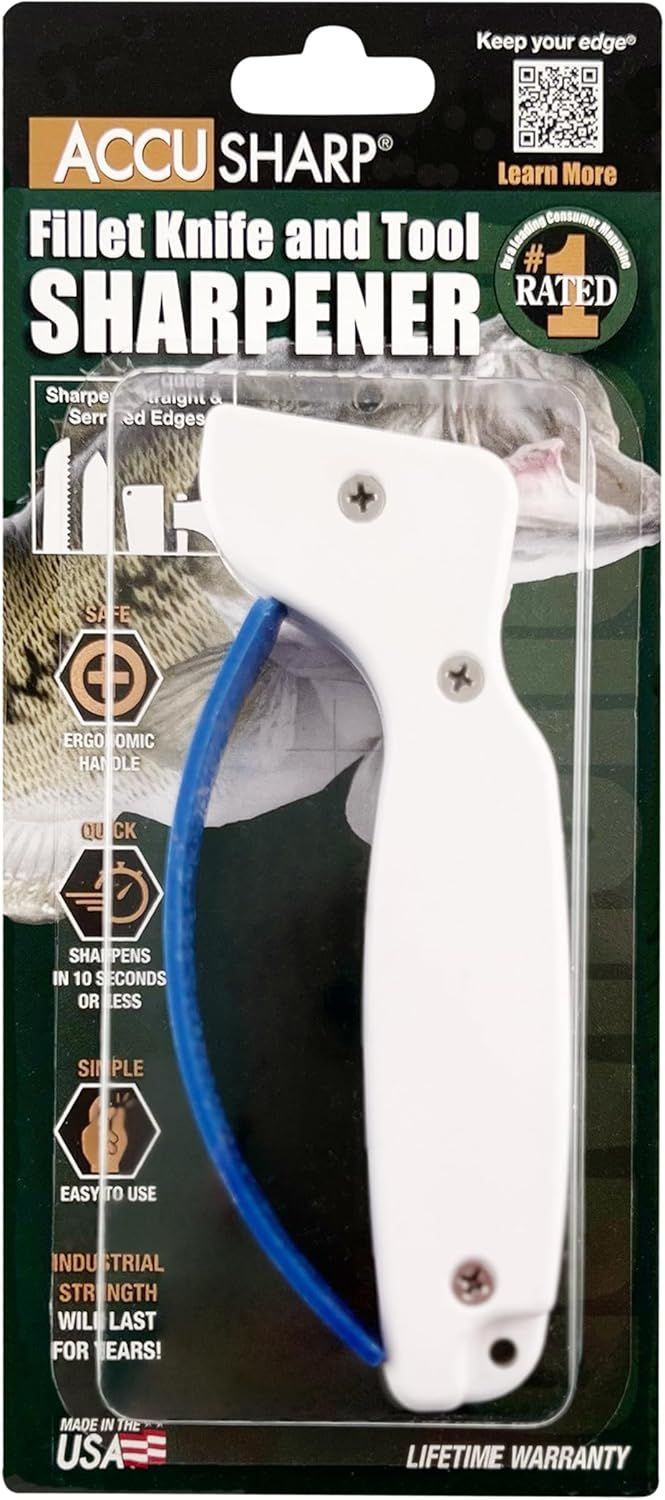 AccuSharp white fillet knife and tool sharpener with blue lanyard on retail packaging