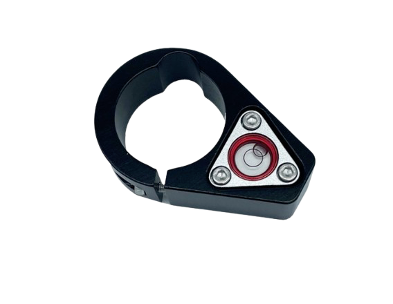 Black bicycle seat post clamp with triangular silver and red quick-release lever