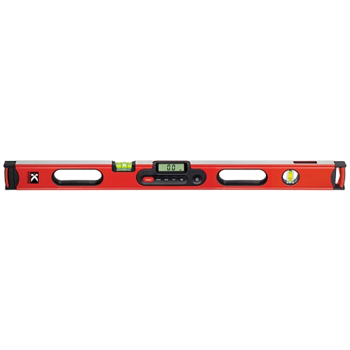 Red digital spirit level with green bubble vials on a white background