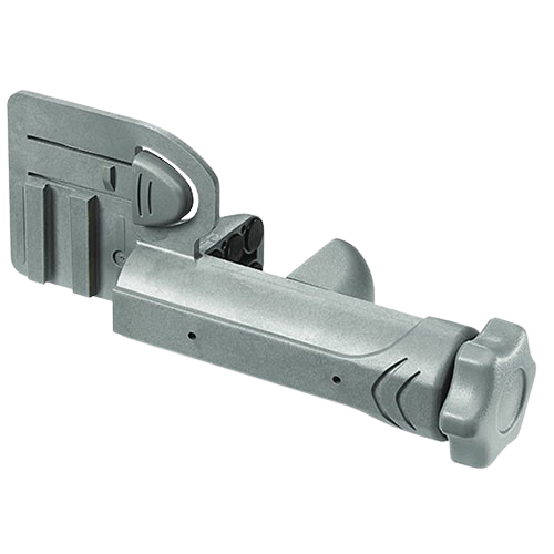 Gray plastic clamp or mounting bracket with a hinged arm and knob on a white background