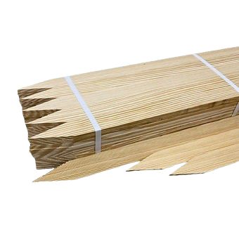 Bundle of light wooden skewers with pointed ends, wrapped with white bands on a white background