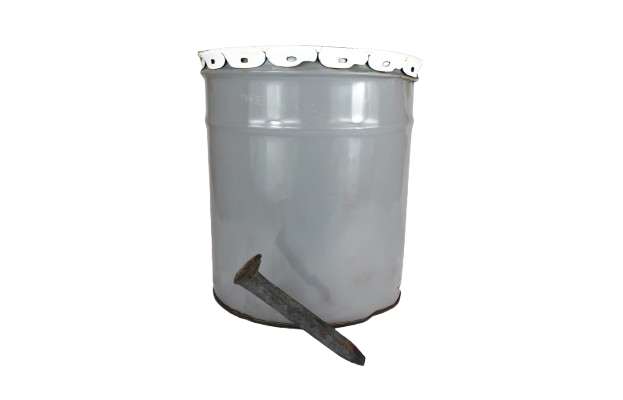 Gray bucket with a metal wrench sticking out of the bottom