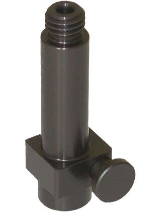 Black metal threaded adapter with a side knob on a white background