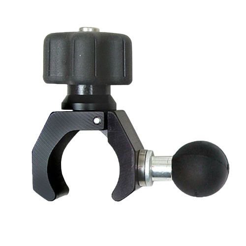 Black handlebar clamp with silver knob and adjustable screw on white background