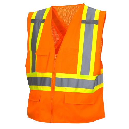 Orange high-visibility safety vest with reflective silver and yellow stripes on white background
