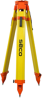 Yellow surveying tripod with orange feet and top, labeled “SECO”