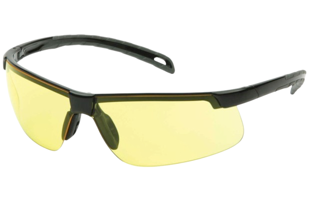 Black wraparound sports sunglasses with yellow-tinted lenses