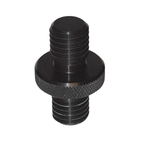 Black threaded metal connector with a knurled center ring on a white background