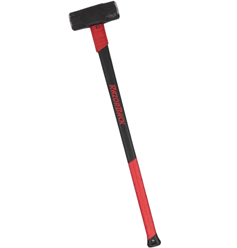 Red-and-black sledgehammer with a black head and red handle on a white background