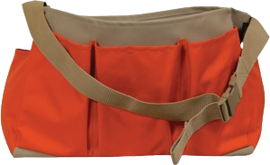 Orange and tan tote bag with shoulder strap and open top