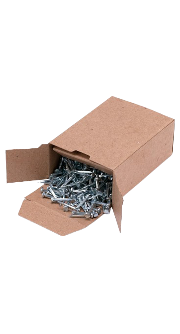 Open cardboard box filled with metal screws spilling out onto a white background