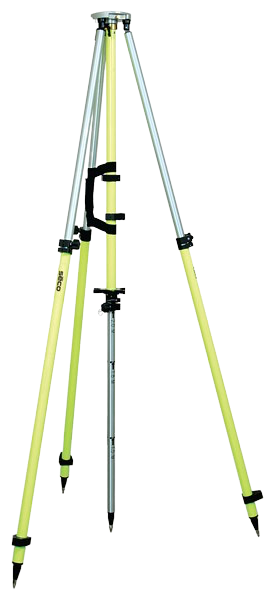 Yellow tripod survey instrument with mounted telescope on a white background