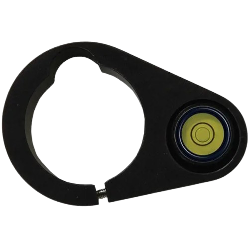 Black plastic clamp with a circular yellow-and-blue spirit level inset on the right side.