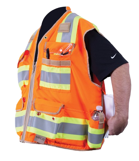 Two high-visibility safety vests, one orange and one yellow, with reflective stripes and black trim