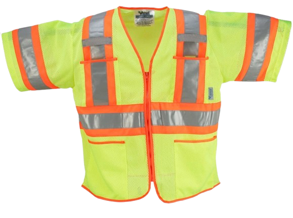 High-visibility yellow safety vest with orange reflective stripes and red trim, front view