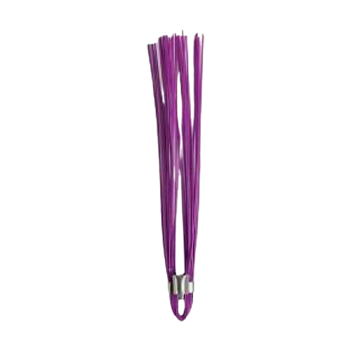 Purple wire whisk with a silver handle loop on a white background