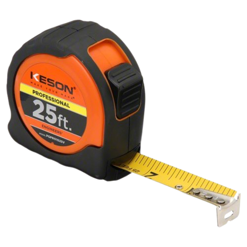 Black and orange 25-ft retractable tape measure with yellow measuring blade extended