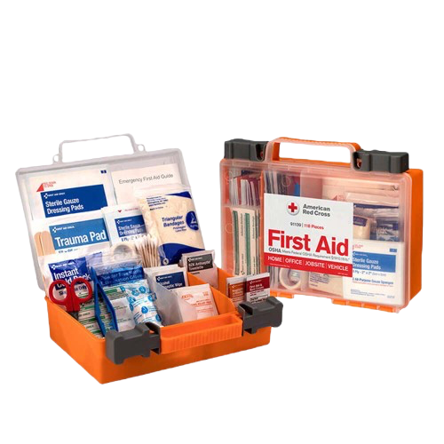 Open first aid kit with orange case and medical supplies, including bandages and tissues.