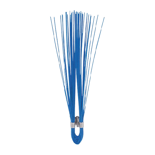 Blue wire brush with long bristles and a U-shaped handle on a white background
