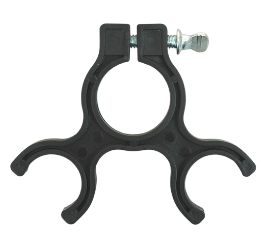 Black plastic pipe clamp with a metal screw, isolated on white background