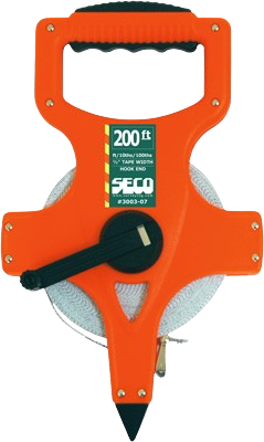 Orange measuring wheel with black handle and white wheel, labeled 200 ft.