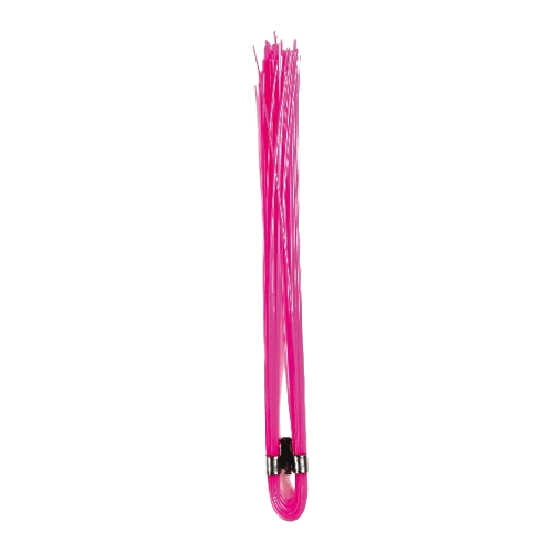 Pink tassel keychain with a small black and silver clasp on a white background
