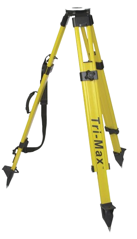 Yellow tripod-mounted surveying tool with black feet and straps, labeled Tri-Max.