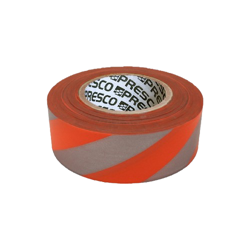 Roll of red-orange reflective tape with gray diagonal stripes on a white background