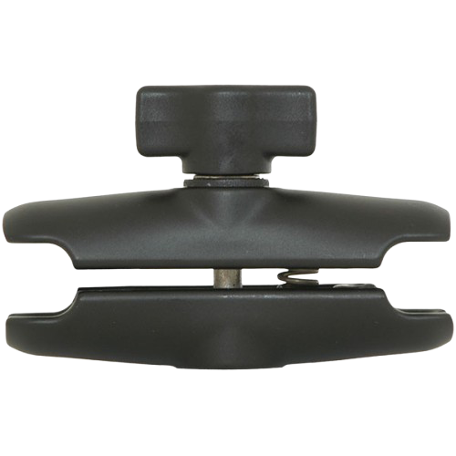 Black metal clamp with knurled knob on a white background