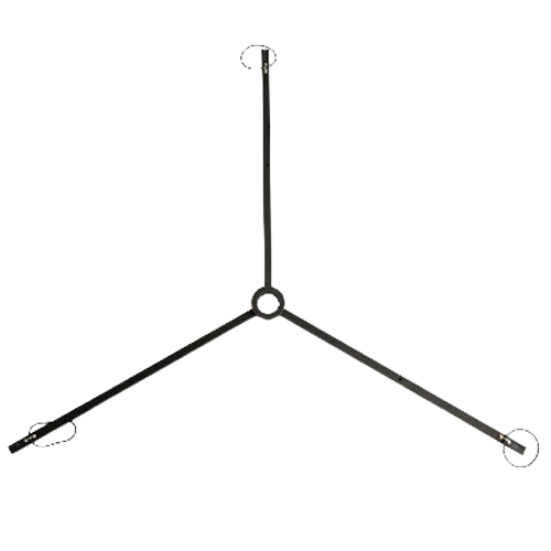Three-pronged black metal hanger with circular hooks at each end on a white background