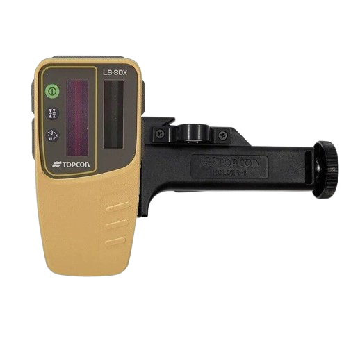 Gold-and-black handheld laser level tool with handle and display panel