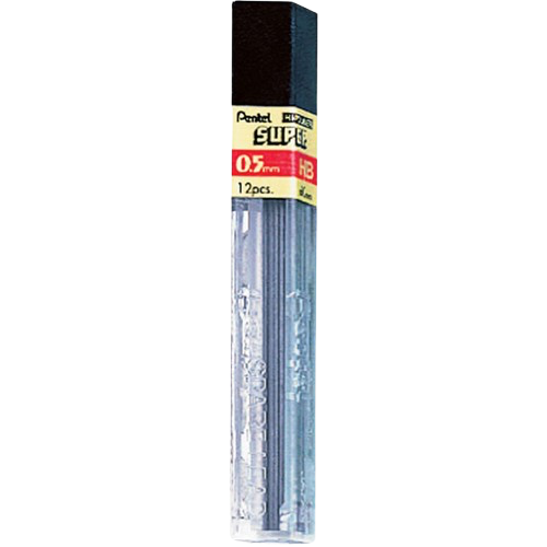 Clear plastic pen case with a black cap and yellow label, showing a 0.5 mm pen set of 12 pieces