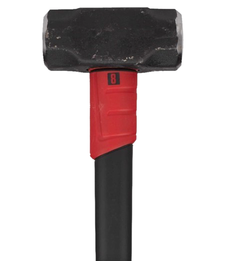 Black and red sledgehammer with a steel head and long handle on a white background