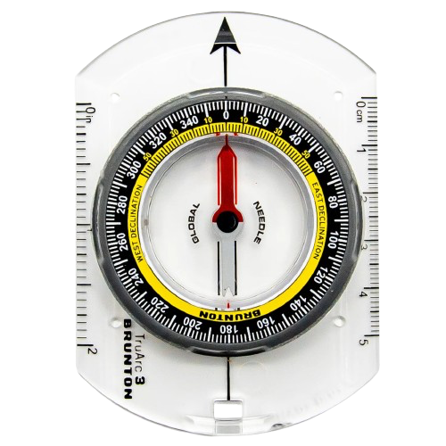 Analog compass with a red needle on a transparent base, showing headings in black and yellow.