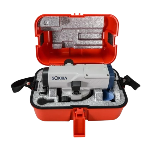 White Sokkia surveying level instrument on a leveling base with adjustment knobs
